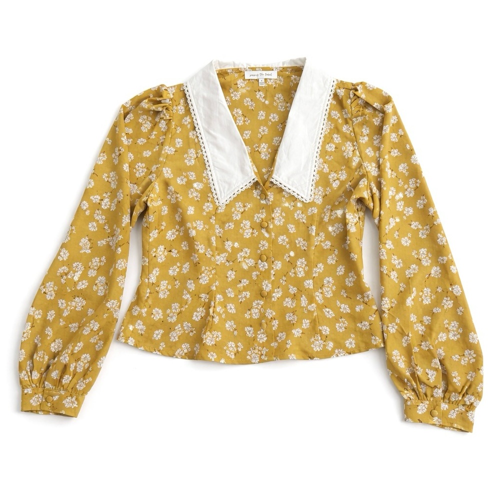 REVOLVE Jacquie The Label Mustard Floral Blouse Size Small Peter Pan Collar NWOT